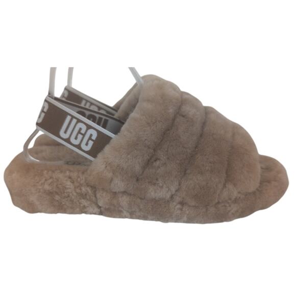 Ugg Fluff Yeah Slingback Slide Slippers Women 9 Sheepskin Brown Tan Furry Lounge - Picture 1 of 7